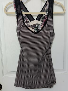 lululemon athletica Black and White Striped Athletic Tank with Floral Trim